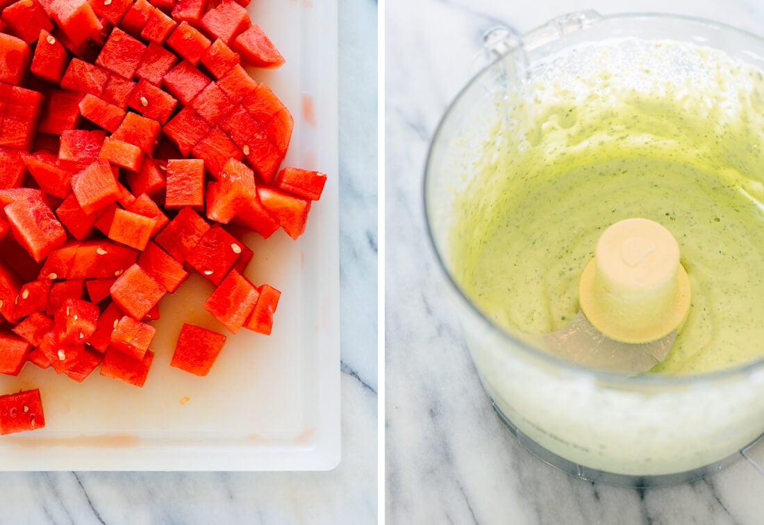 cubed watermelon and easy herbed yogurt