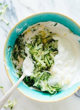 Greek Tzatziki sauce made with cucumber, yogurt, fresh dill and mint!