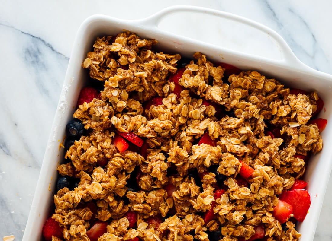 mixed berry crisp before baking